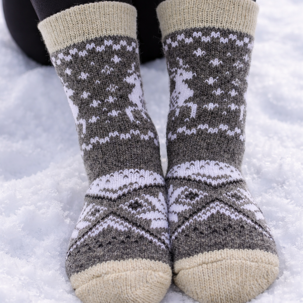 Nordic Reindeer Snowflake Angora Wool Socks – Scandinavian Pattern Knit Socks (Betula)