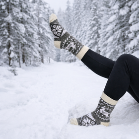 Nordic Reindeer Snowflake Angora Wool Socks – Scandinavian Pattern Knit Socks (Betula)
