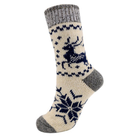 Nordic Reindeer Angora Wool Socks – Scandinavian Snowflake Pattern Knit Socks (Blanca)