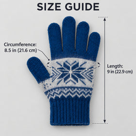 A blue knit glove with a white snowflake and geometric pattern, shown on a light gray background with measurement labels indicating circumference 8.5 in (21.