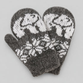 A pair of knit mittens in heather gray and white, featuring a polar bear pattern on the back of the hands and a snowflake design on the palms, displayed on a neutral gray background.