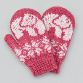 A pair of pink knit mittens with white Fair Isle patterns of polar bears and snowflakes, displayed on a neutral gray background.