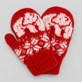 A pair of red knit mittens with a white Nordic-style pattern, displayed on a neutral light gray background.