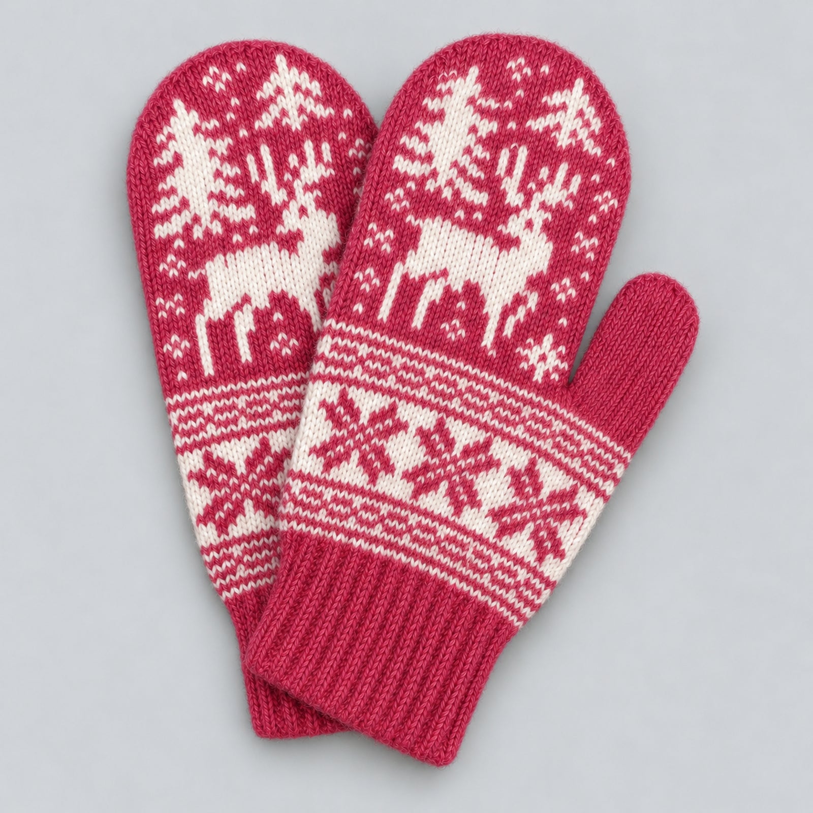 A pair of knit winter gloves with a festive Christmas design, featuring white reindeer and snowflake patterns on a dark pink background, set against a neutral gray background.