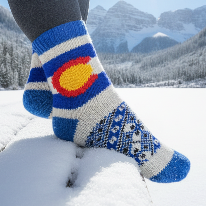 Colorado Flag Angora Wool Socks – Mountain Pattern Knit Socks (Capitol)