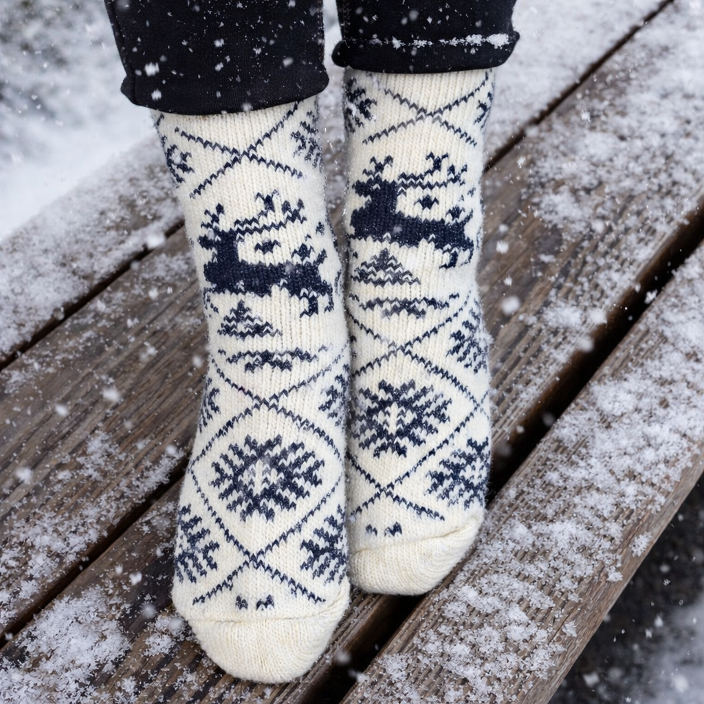 Nordic Elk Angora Wool Socks – Scandinavian Snowflake Pattern Knit Socks (Cereus)