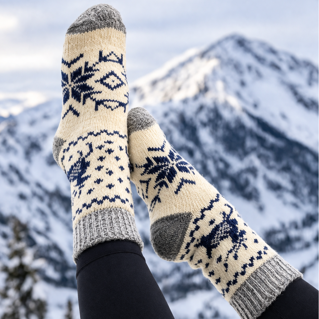 Nordic Reindeer Angora Wool Socks – Scandinavian Snowflake Pattern Knit Socks (Blanca)