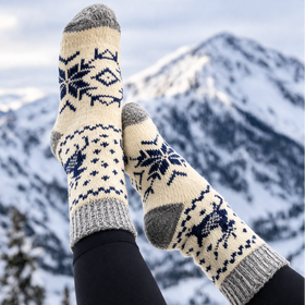 Nordic Reindeer Angora Wool Socks – Scandinavian Snowflake Pattern Knit Socks (Blanca)