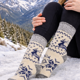 Nordic Reindeer Angora Wool Socks – Scandinavian Snowflake Pattern Knit Socks (Blanca)