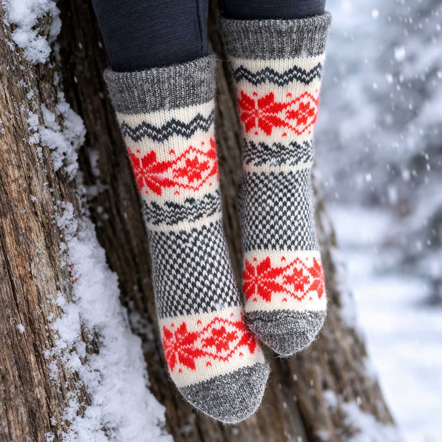 Nordic Reindeer Angora Wool Socks – Scandinavian Snow Pattern Knit Socks (Ilex)