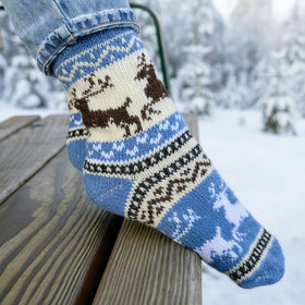 Nordic Reindeer Angora Wool Socks – Scandinavian Animal Pattern Knit Socks (Paeonia)