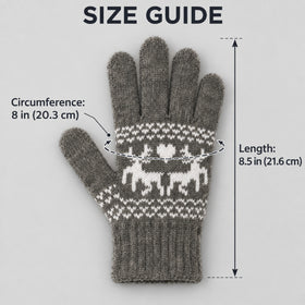 A gray knit glove with a white Fair Isle reindeer pattern, shown with measurement callouts reading circumference 8 in (20.3 cm) and length 8.