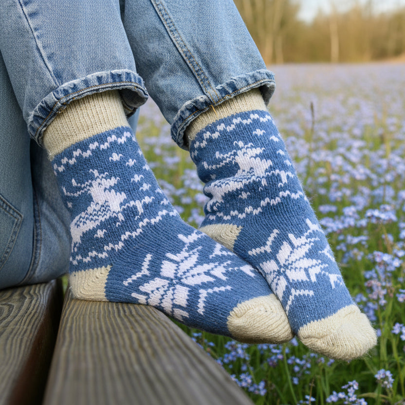 Nordic Snowflake Angora Wool Socks – Scandinavian Pattern Knit Socks (Lilium)