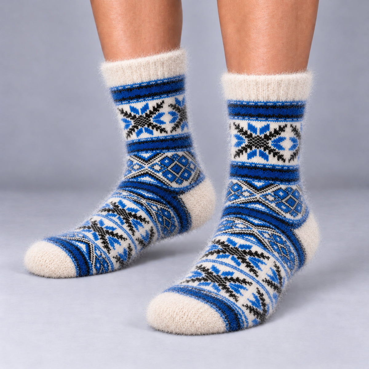 Angora Bamboo Crew Socks – Malta Blue Nordic Snowflake