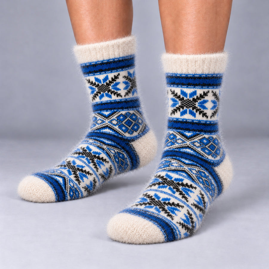 Angora Bamboo Crew Socks – Malta Blue Nordic Snowflake
