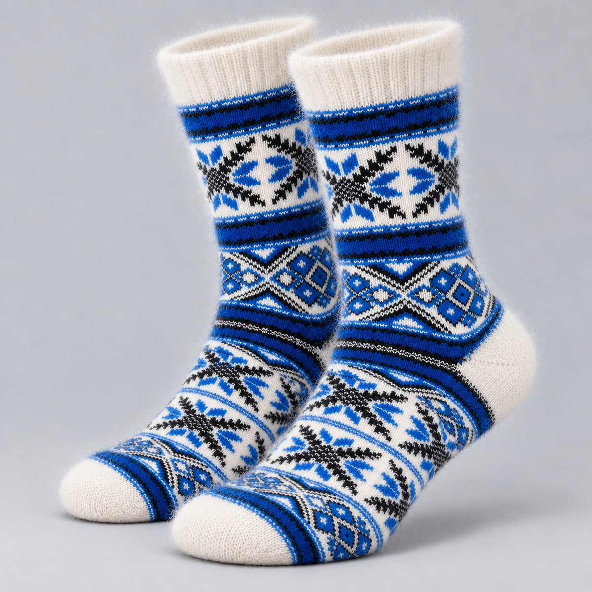Ultra-Soft Angora Wool – Fair Isle Pattern Socks (Malta Blue)