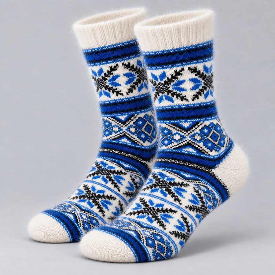 Ultra-Soft Angora Wool – Fair Isle Pattern Socks (Malta Blue)