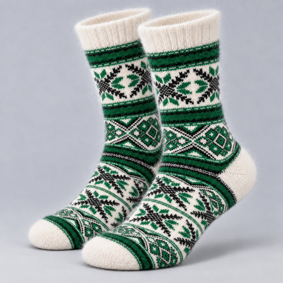 Ultra-Soft Angora Wool – Fair Isle Pattern Socks (Malta Forest Green)