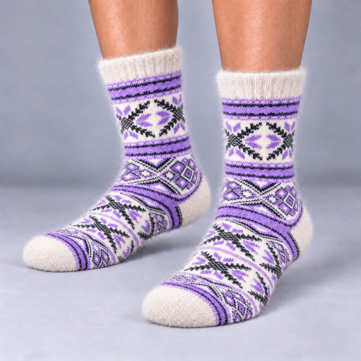 Angora Bamboo Crew Socks – Malta Lavender Nordic Snowflake