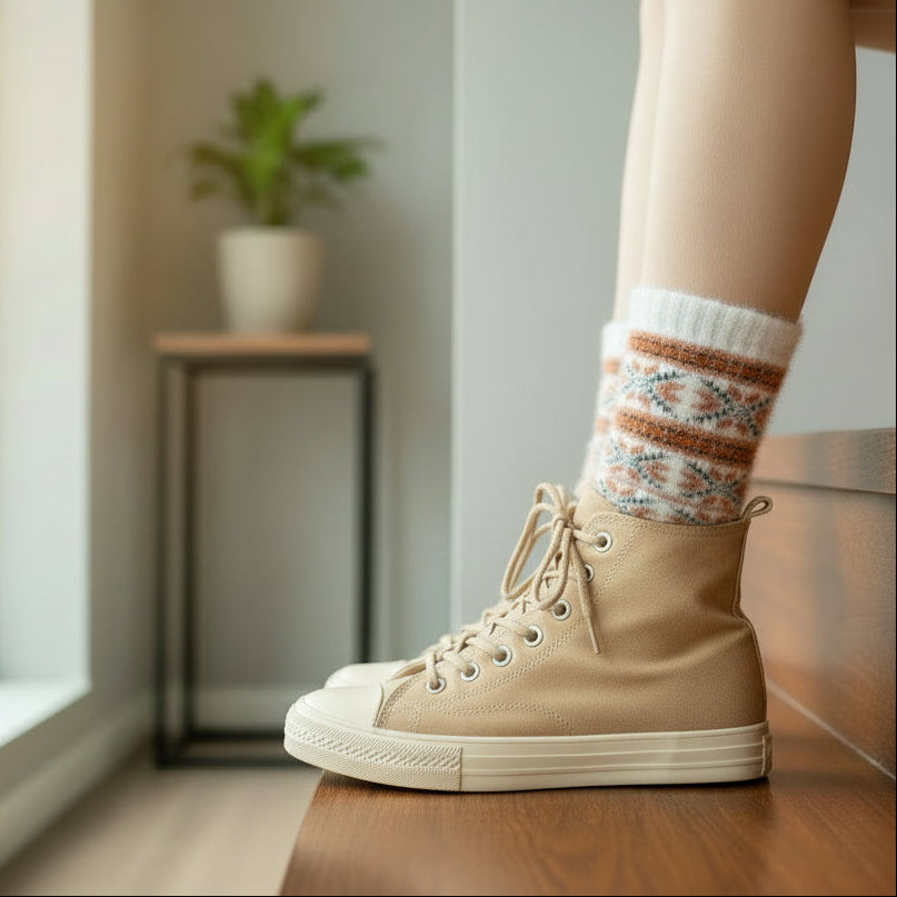 Person wearing a beige high-top sneaker and patterned sock on a wooden staircase.