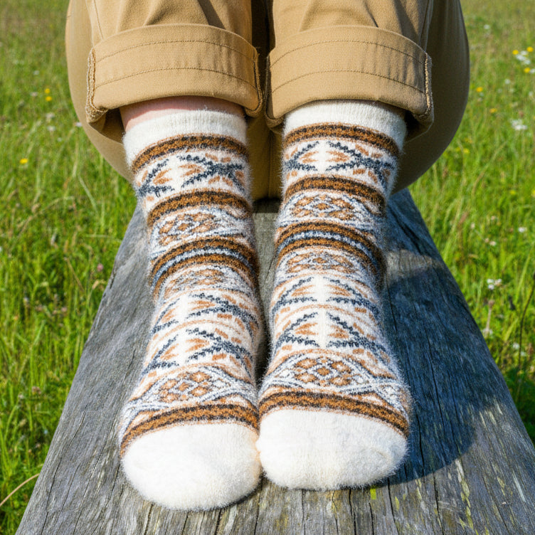 Angora Wool Socks – Ultra-Soft Fair Isle Pattern Socks (Malta Café)