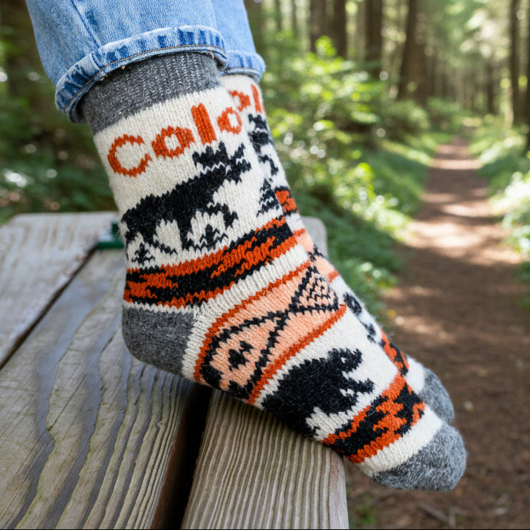 Nordic Moose Angora Wool Socks – Scandinavian Animal Pattern Knit Socks (Maroon)