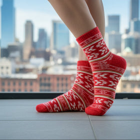 Red patterned sock on a foot, standing on a gray stool with a wooden chair in the background.