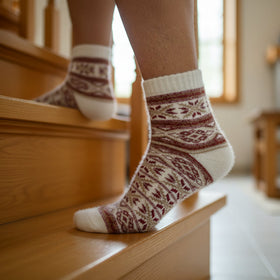 Person wearing patterned socks on a staircase indoors