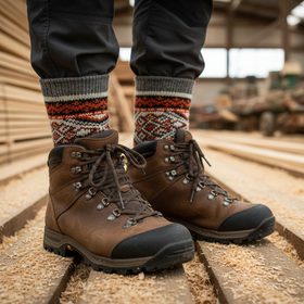 Brown hiking boots and patterned socks on a wooden floor