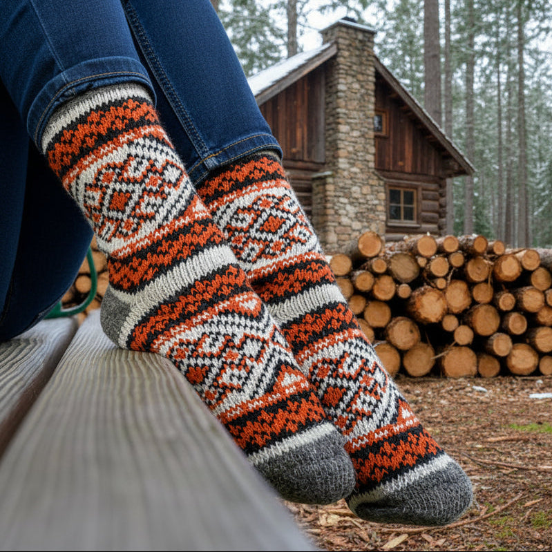 Nordic Fair Isle Angora Wool Socks – Scandinavian Pattern Knit Socks (Pinus)