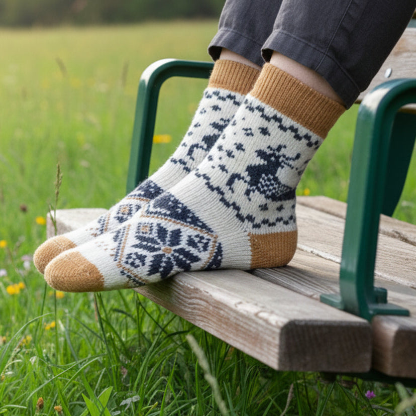Nordic Snowflake Angora Wool Socks – Scandinavian Pattern Knit Socks (Polana)