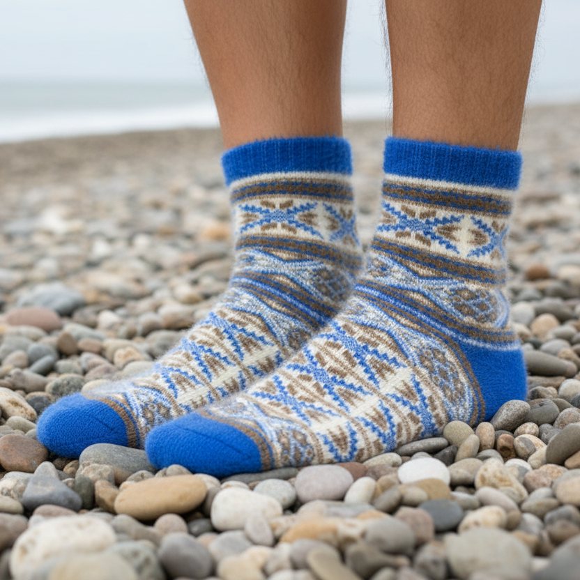 Person wearing patterned socks with blue toes standing on a pebbly beach.