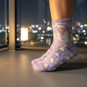 Person wearing purple socks with a star pattern standing on a floor with a cityscape view at night.
