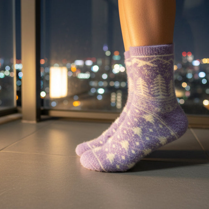 Person wearing purple socks with a star pattern standing on a floor with a cityscape view at night.