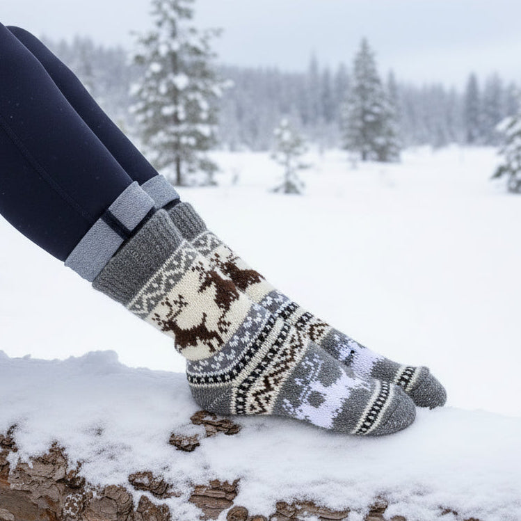 Nordic Reindeer Angora Wool Socks – Scandinavian Animal Pattern Knit Socks (Viola)