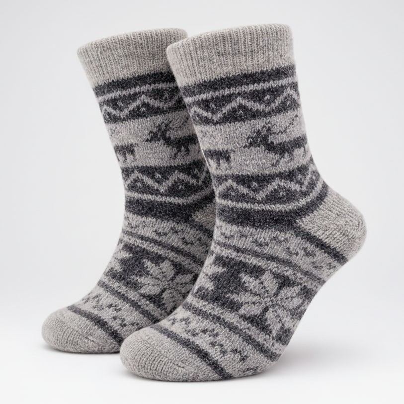 Gray patterned socks on a white background