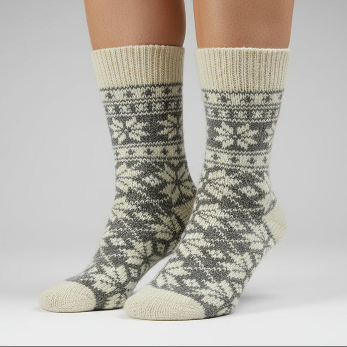 Pair of patterned socks on a neutral background