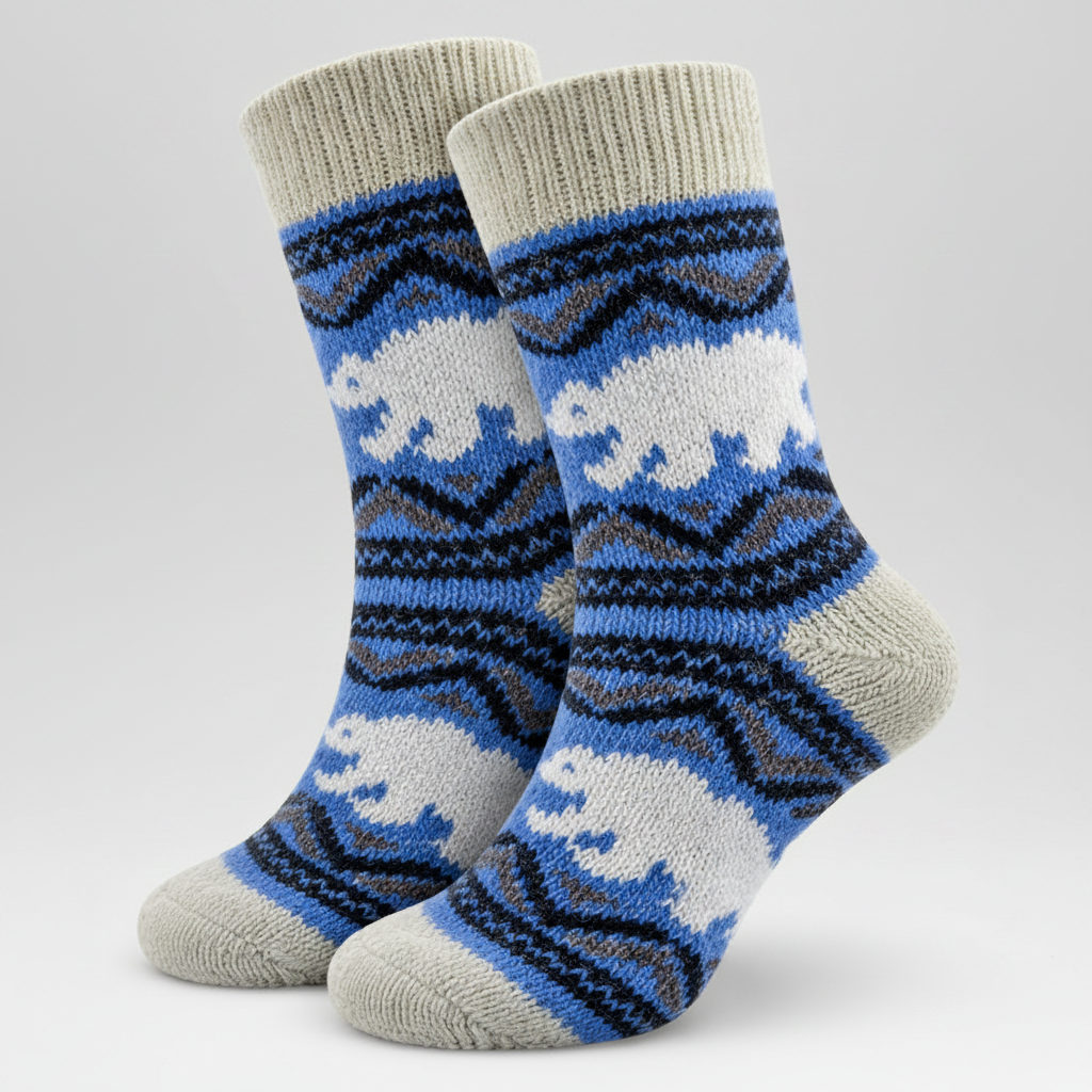 Pair of socks with bear pattern on a light grey background