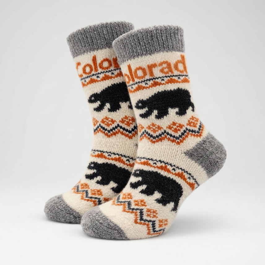 Pair of socks with bear design and 'Colorado' text on a white background