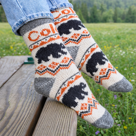 Person wearing patterned socks with bear design outdoors on a wooden bench.