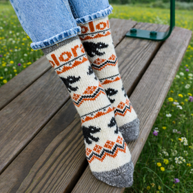 Person wearing patterned socks with 'Colorado' text, sitting on a wooden bench outdoors.