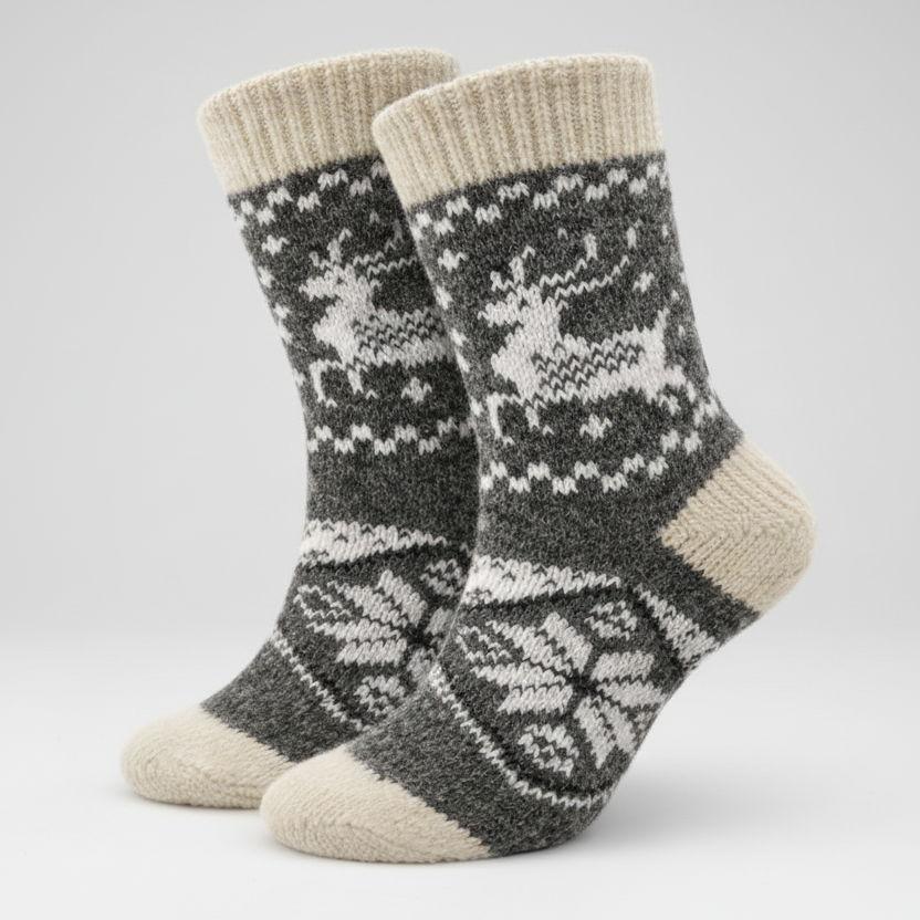 Pair of gray and beige patterned socks on a white background