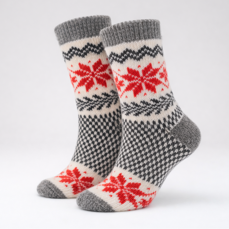 Pair of gray socks with red and white patterns on a white background