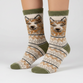 Pair of socks with dog face design on a white background