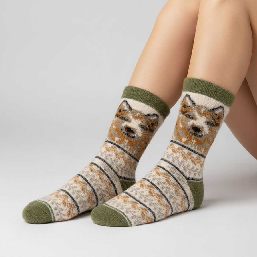 Pair of socks with dog face design on a white background