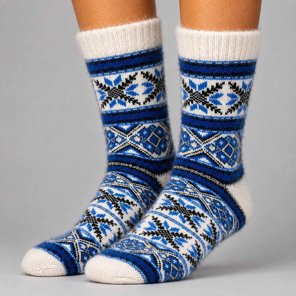 Ultra-Soft Angora Wool – Fair Isle Pattern Socks (Malta Blue)