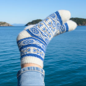 White and blue patterned sock with a blue ocean background