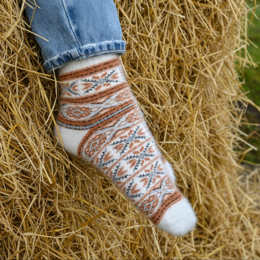 Patterned sock on a wooden bench with grass in the background