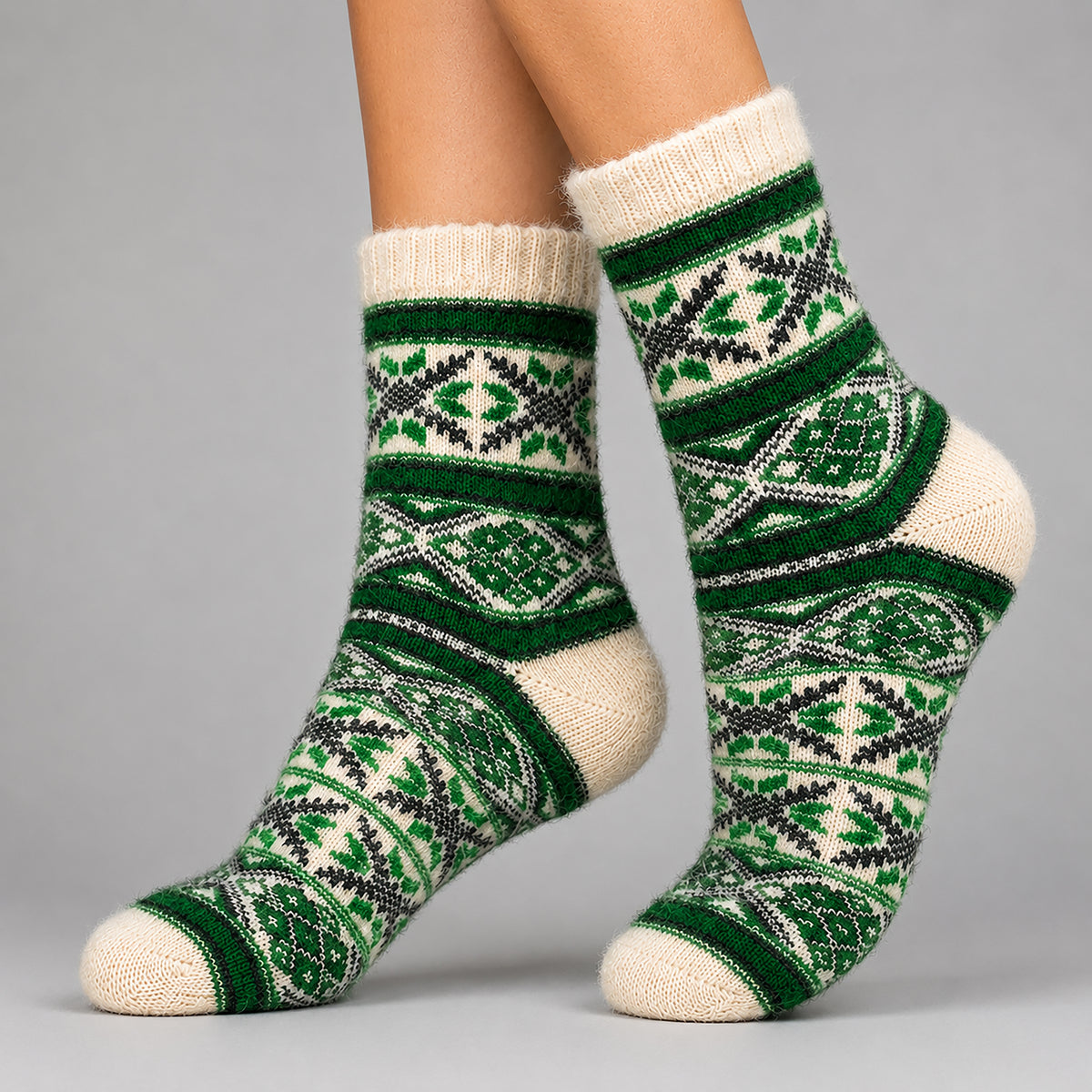 Ultra-Soft Angora Wool – Fair Isle Pattern Socks (Malta Forest Green)