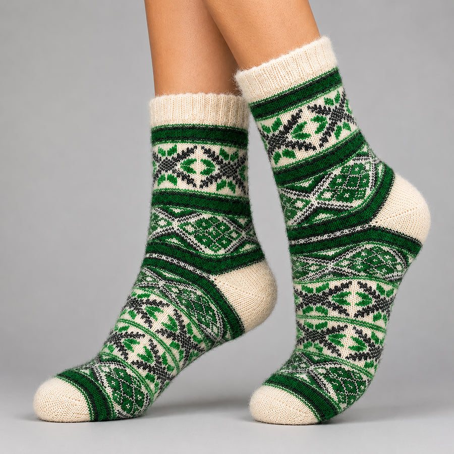 Ultra-Soft Angora Wool – Fair Isle Pattern Socks (Malta Forest Green)
